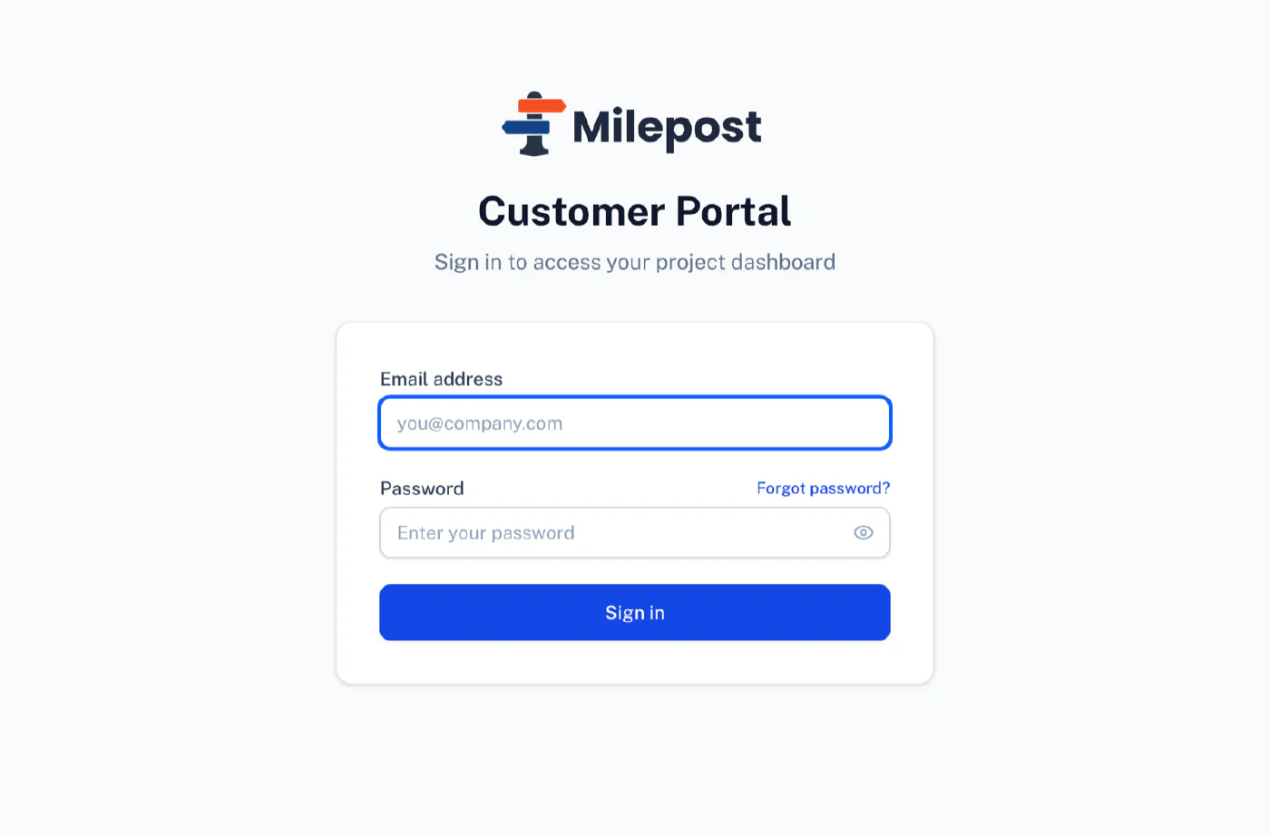 The Milepost client portal: one account's projects, invoices, and approvals