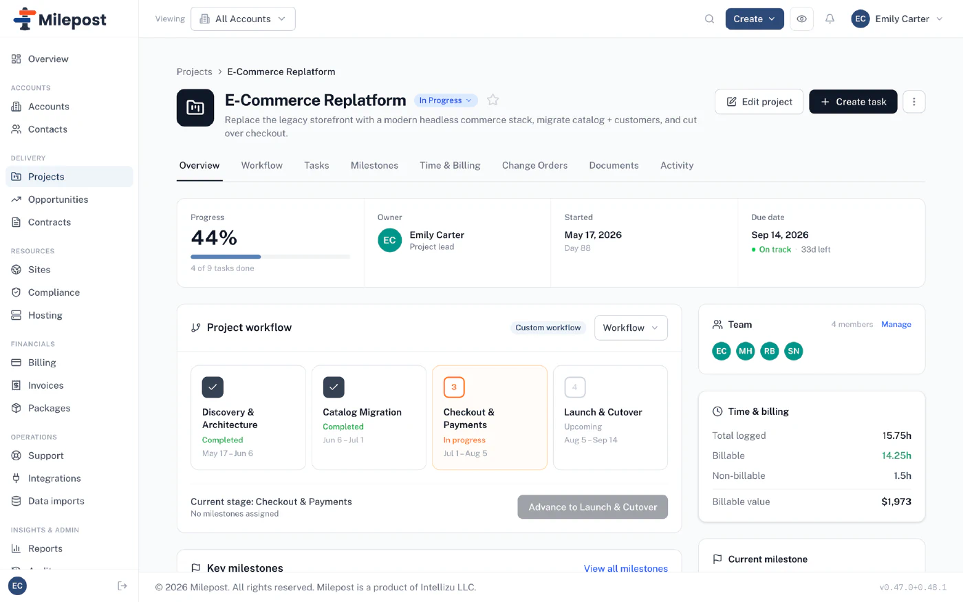 Milepost's projects view: milestones, task board, and engagement status for an agency workspace